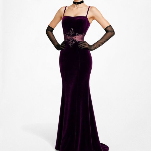 Vintage Purple Velvet Cutout Mesh Beaded Maxi Bodycon Prom Dress Size L - Picture 1 of 9